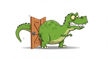 Fototapeta premium Cartoon tyrannosaurus rex blocking door