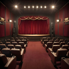 Obraz premium Luxurious Home Theater with Red Velvet Curtains and Leather Seating Perfect for Movie Nights and Entertainment