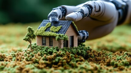 Fototapeta premium A robotic hand gently protects a miniature house on a small hill, suggesting future real estate technology.