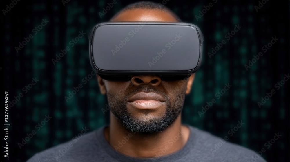 Poster immersive virtual reality experience in futuristic settings showcasing a focused individual wearing 