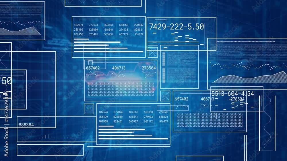 Poster multiple overlaid ui panels being visualized in flat design, showing data tables, graphs and lines
