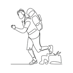 Continuous one line drawing of traveling man with backpack. Single one line art of man success to hiking on top of mountain. Vector illustration editable stroke