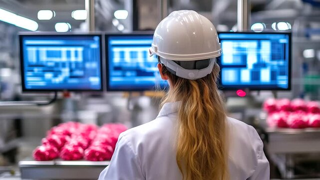 A back view of a female worker with a hard hat, managing factory automation by observing the operational data on a series of monitors, ensuring the seamless functioning of the prod