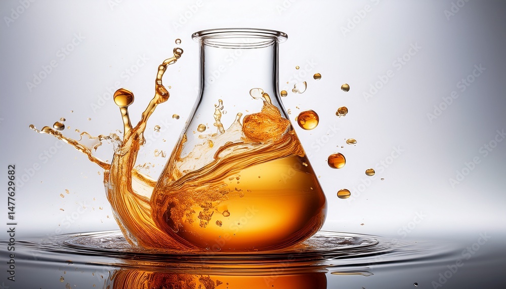 Poster transparent glass flask with splashing orange liquid and droplets isolated on a white background ide