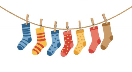 Colorful socks hanging on clothesline