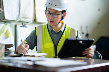 asian engineer using digital tablet in office