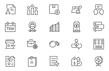 Power Purchase Agreement outline icon set. tube, roof, call, broadcasting, glass, note, engage, haircut, chemical, trade, electricity supply. Isolated vector outline illustrations. Editable stroke