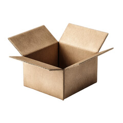 Empty brown cardboard box open on eco kraft design studio mockup on transparent background