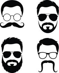 Beard, Mustache & Sunglasses Silhouette Set | Hipster Style Icon Pack Men's Facial Hair & Shades Vector Silhouettes | Cool Style Set