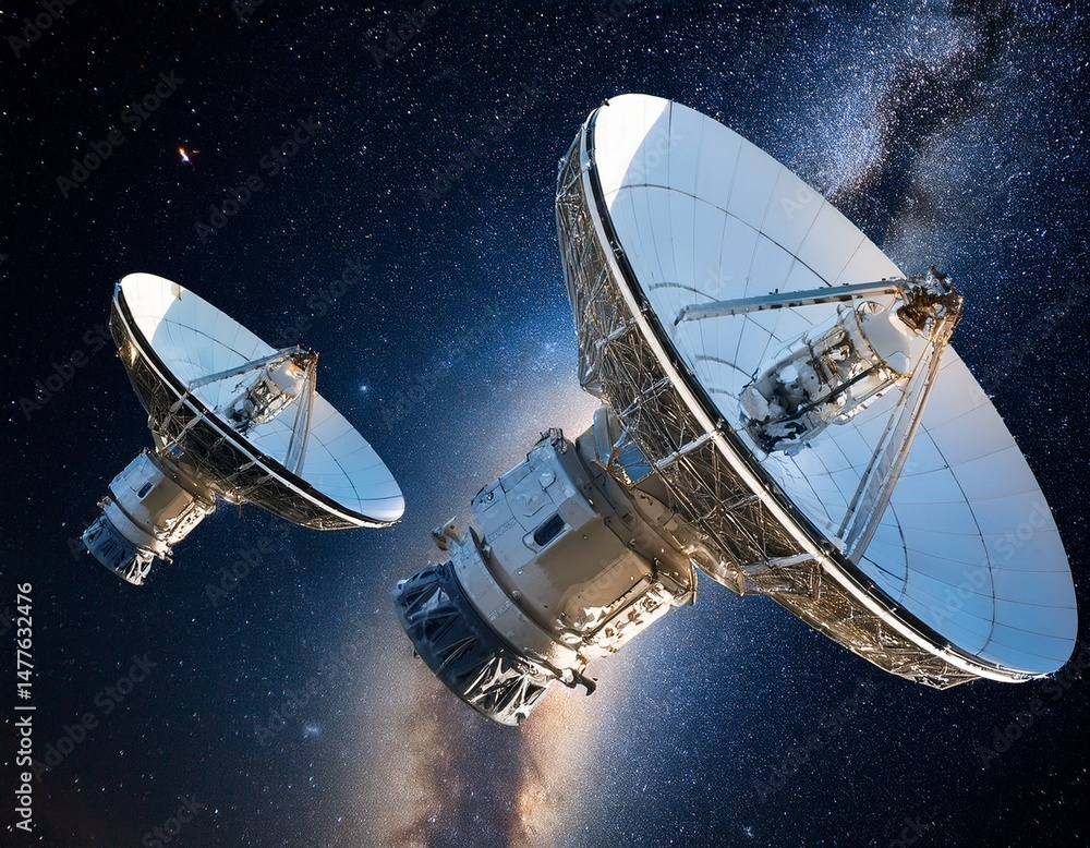 Poster closeup view of two enormous earth based spacecraft in deep space against a backdrop of stars a clos