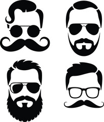 Beard, Mustache & Sunglasses Silhouette Set | Hipster Style Icon Pack Men's Facial Hair & Shades Vector Silhouettes | Cool Style Set