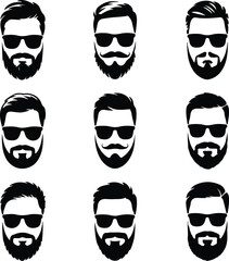 Beard, Mustache & Sunglasses Silhouette Set | Hipster Style Icon Pack Men's Facial Hair & Shades Vector Silhouettes | Cool Style Set