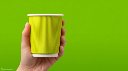 A person is holding a yellow cup with a green background