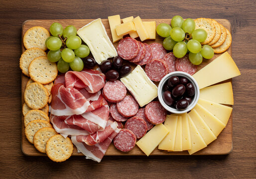T&aacute;bua de frios com queijos variados, embutidos, uvas verdes, azeitonas e biscoitos salgados