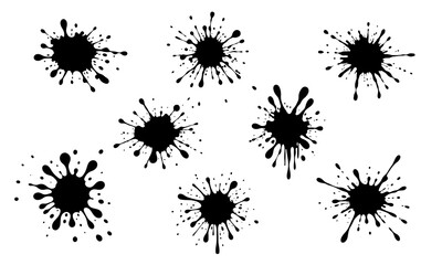 Set of blots, ink splashes. Abstract blot, liquid paint, blotter stains, drip splash, spray. Black drops of paint, oil, ink. Vector liquid silhouettes