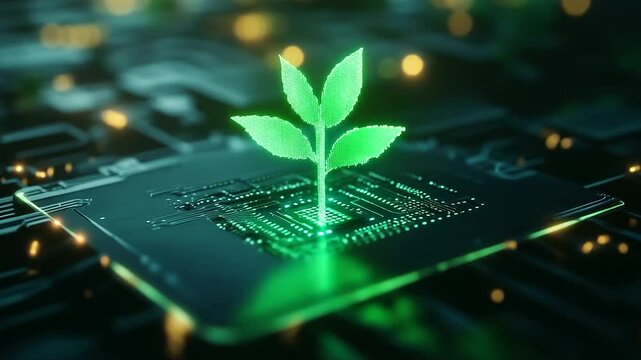 A plant sprout rises from a microprocessor, surrounded by glowing circuits, symbolizing a new era of green technology where nature and digital technology work in harmony to promote