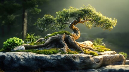Serene bonsai tree artfully positioned on rocky outcrop within a tranquil setting