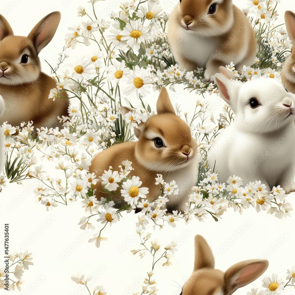 Poster charming bunnies playfully nestled in a seamless pattern of soft wildflowers, showcasing a warm beig