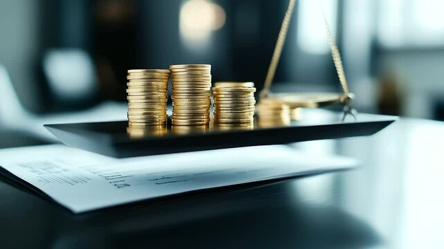 A sleek modern scale balancing a stack of gold coins on one side with paperwork and financial statements on the other, representing the balance between wealth accumulation and fina
