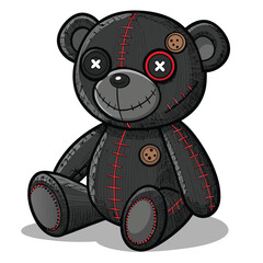A dilapidated haunted teddy bear, its stitched smile grotesque, one button eye missing, perched menacingly on a dusty, cobweb-draped shelf.