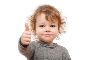 A cute toddler giving a thumbs up sign isolated on white background.