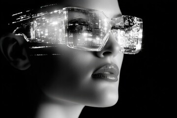 Stylish female portrait with futuristic glasses overlay.