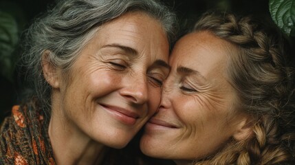 Two women, close embrace, joyful