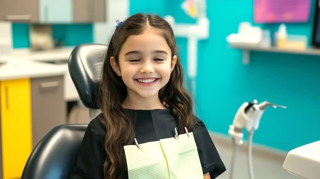 A smiling child in the dental chair, as a pediatric dentist examines her teeth with dental tools. The bright and colorful dental clinic provides a fun, stress-free atmosphere for y