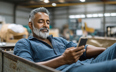 Middle aged man with gray beard relaxing and using smartphone in industrial warehouse setting with casual blue shirt