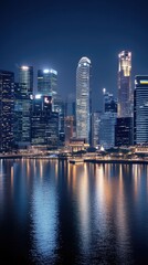 Naklejka premium Colorful city lights illuminate the skyline, with dynamic reflections shimmering on the water's surface at nighttime.