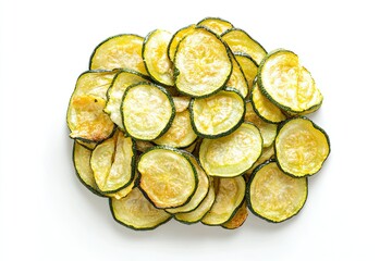 Baked zucchini chips product shot on bright white background nicely lit