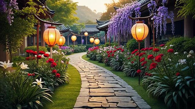 Garden path with a brick walkway and a row of red flowers