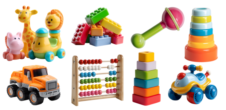 Collection set of individual toys accessories for baby children toddler on transparent cutout PNG. Many different colourful animal ball car block stacking rattle building. Mockup template for design