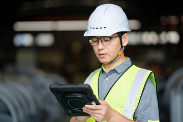 Obraz premium asian engineer workingt with digital tablet in warehouse