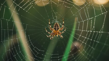 Spider and web with dew in nature scene.