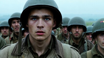 Fototapeta premium Young soldier with fearful expression facing the horrors of war, emotional fragility behind the war.