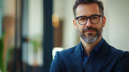 Naklejka premium A man with glasses and a beard, wearing a dark blue suit, standing in a modern office with a window in the background.