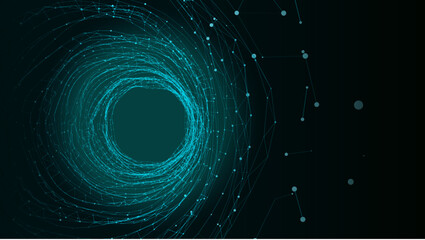 Technology wireframe circle tunnel on dark background. Futuristic 3D wormhole grid. Digital dynamic wave. Vector illustration.