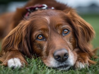 Soulful auburn dog rests in grass