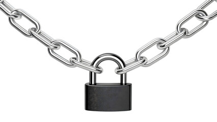 Metal chain and padlock security concept on transparent PNG background