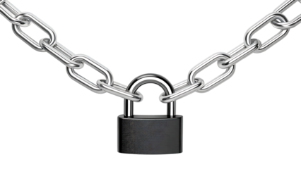 Metal chain and padlock security concept on transparent PNG background