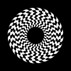 Abstract Circle Rotation White Design Element on Black Background. Illusion of Twirl Movement. 