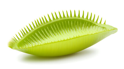Venus Flytrap Close-Up: Intricate detail of a green Venus flytrap, showcasing its unique trap structure against a plain white background.