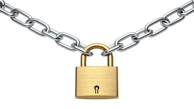 Padlock and chain security concept on transparent PNG background