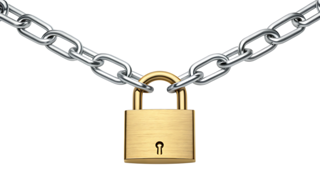Padlock and chain security concept on transparent PNG background