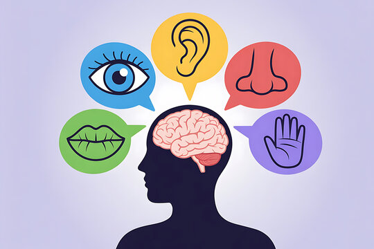 Human brain with sensory organs illustrated in colorful speech bubbles  