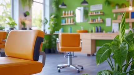 Modern salon interior with vibrant green walls and stylish furniture