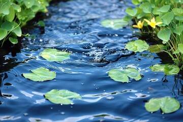 Clear water stream with floating green lily pads and vibrant yellow flowers surrounded by lush leaves.