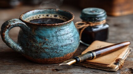 Warm coffee, vintage pen, and notebook