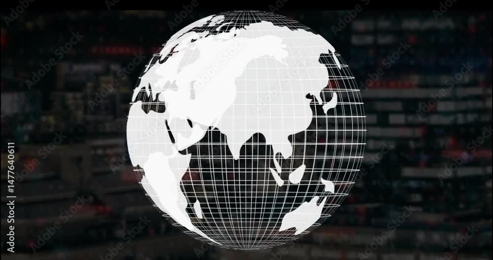 Poster rotating 3d digital globe over blurred data panels, showcasing latitude and longitude grid lines